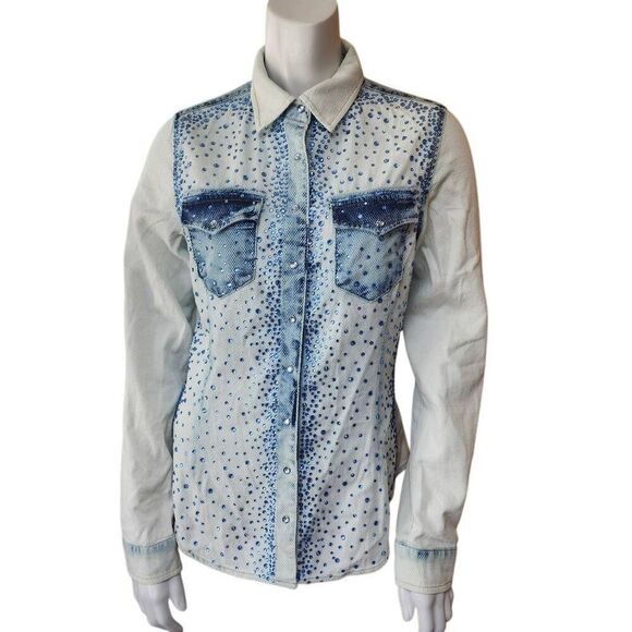 Dishe White & Blue Bedazzled Button Down Shirt (M) - Picture 4 of 7